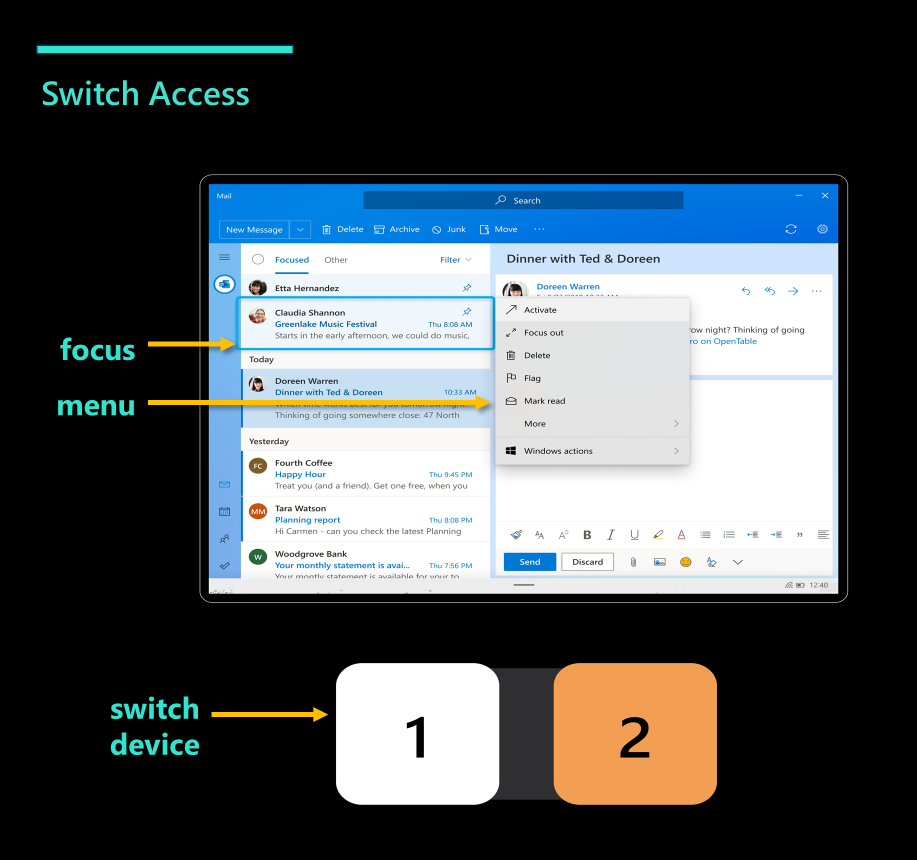 Switch Access Approach Switch devices navigate and interact with the OS via a focus visual and menu.